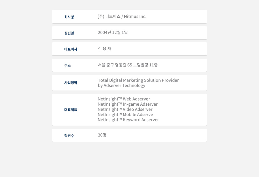 설립일:2004년 12월 1일 대표이사:김용재 직원수:20명